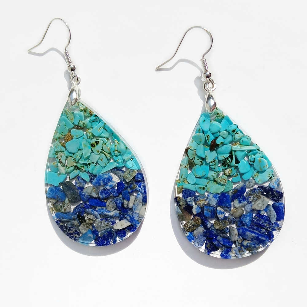 Genuine turquoise and lapis gemstone teardrop earrings sterling silver hooks new